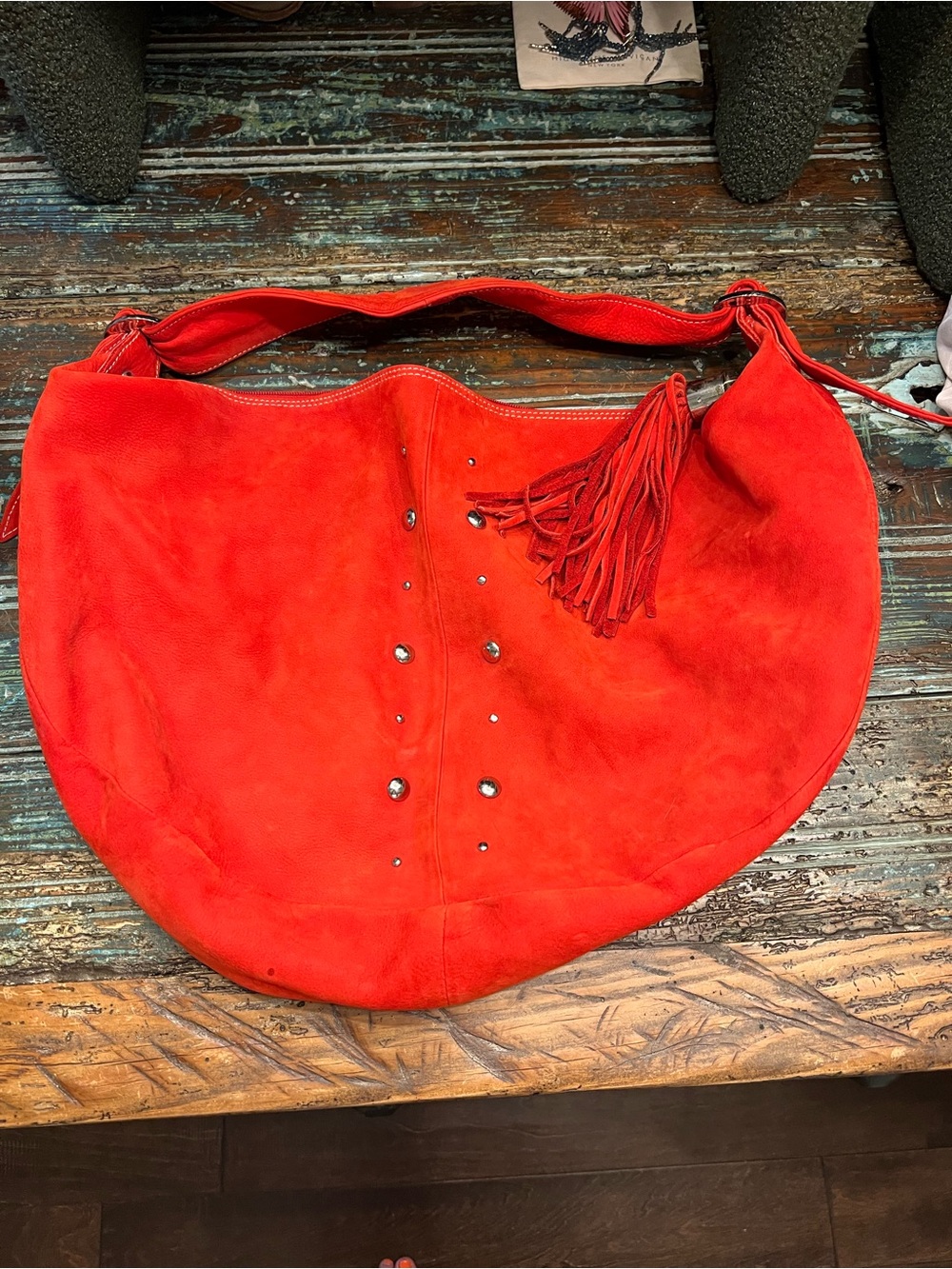 Pulicati Red Suede Hobo with Tassel and Stud Accents